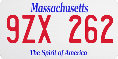 MA license plate 9ZX262