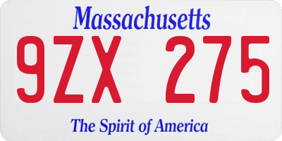 MA license plate 9ZX275