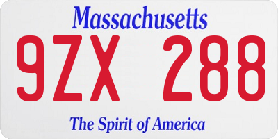 MA license plate 9ZX288