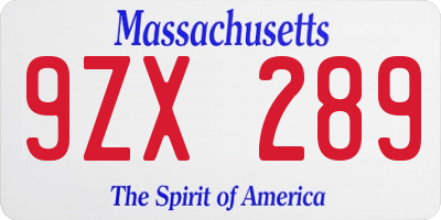 MA license plate 9ZX289