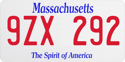 MA license plate 9ZX292