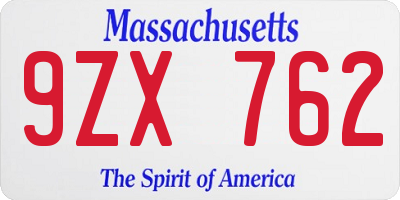 MA license plate 9ZX762