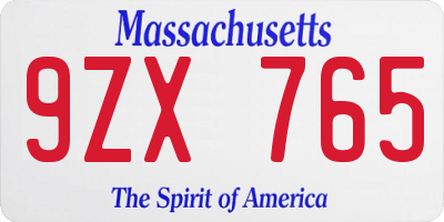 MA license plate 9ZX765