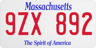 MA license plate 9ZX892