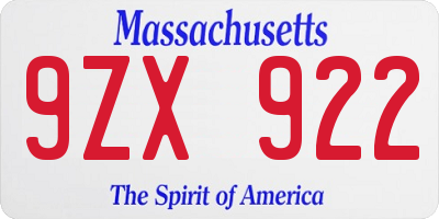 MA license plate 9ZX922