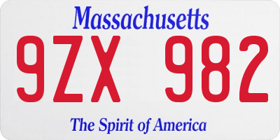 MA license plate 9ZX982