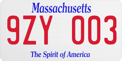 MA license plate 9ZY003