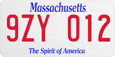 MA license plate 9ZY012