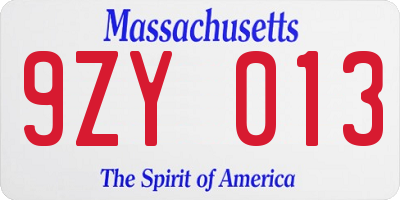 MA license plate 9ZY013
