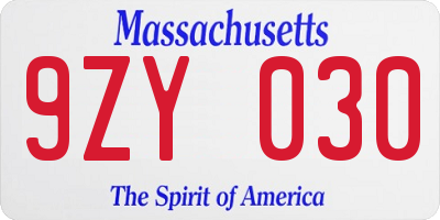 MA license plate 9ZY030