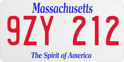 MA license plate 9ZY212