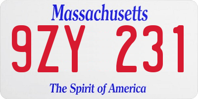 MA license plate 9ZY231