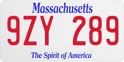 MA license plate 9ZY289