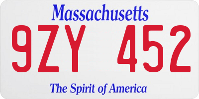 MA license plate 9ZY452