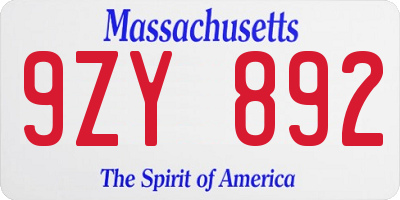 MA license plate 9ZY892