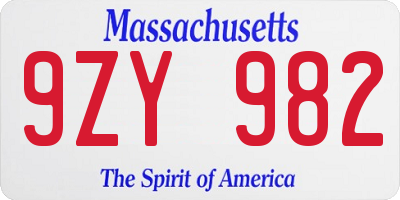 MA license plate 9ZY982