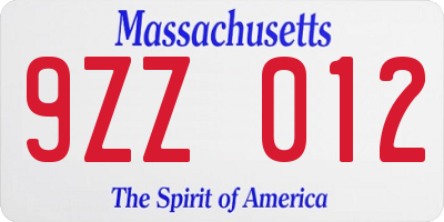 MA license plate 9ZZ012