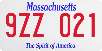 MA license plate 9ZZ021