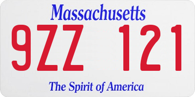 MA license plate 9ZZ121