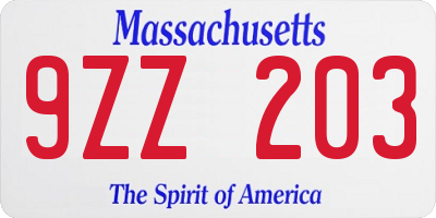 MA license plate 9ZZ203