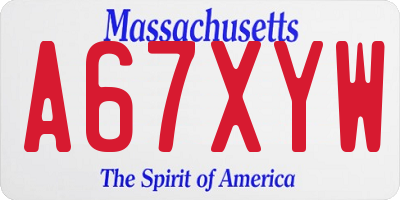 MA license plate A67XYW