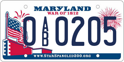 MD license plate 0AB0205