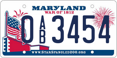 MD license plate 0AB3454