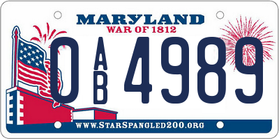 MD license plate 0AB4989