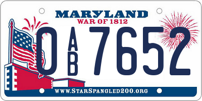 MD license plate 0AB7652