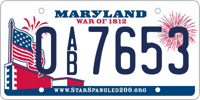 MD license plate 0AB7653