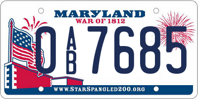 MD license plate 0AB7685