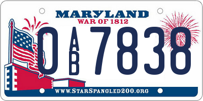 MD license plate 0AB7838