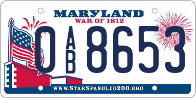 MD license plate 0AB8653