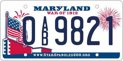 MD license plate 0AB9821