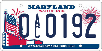 MD license plate 0AC0192
