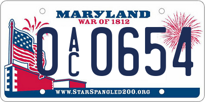 MD license plate 0AC0654