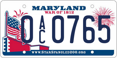 MD license plate 0AC0765