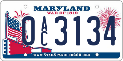 MD license plate 0AC3134