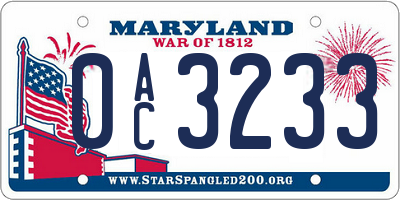 MD license plate 0AC3233