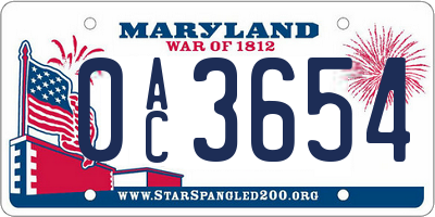 MD license plate 0AC3654