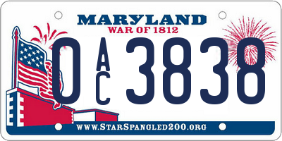 MD license plate 0AC3838