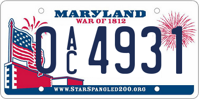MD license plate 0AC4931