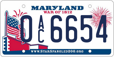 MD license plate 0AC6654