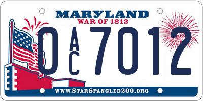 MD license plate 0AC7012