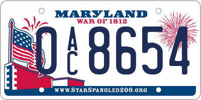 MD license plate 0AC8654