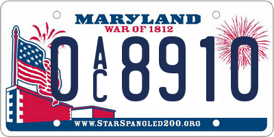 MD license plate 0AC8910