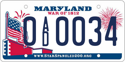 MD license plate 0AD0034