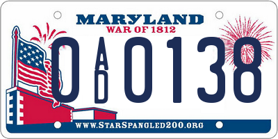 MD license plate 0AD0138