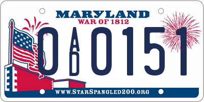 MD license plate 0AD0151
