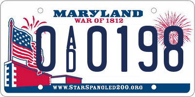 MD license plate 0AD0198